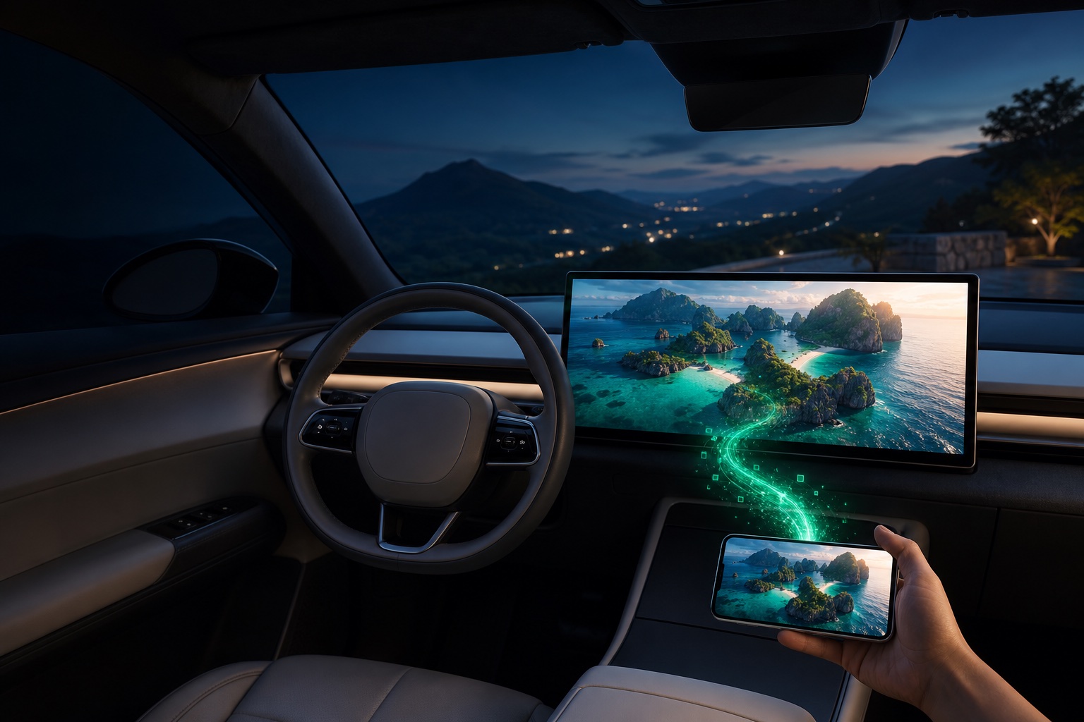 A phone casting a movie to the car's dashboard screen