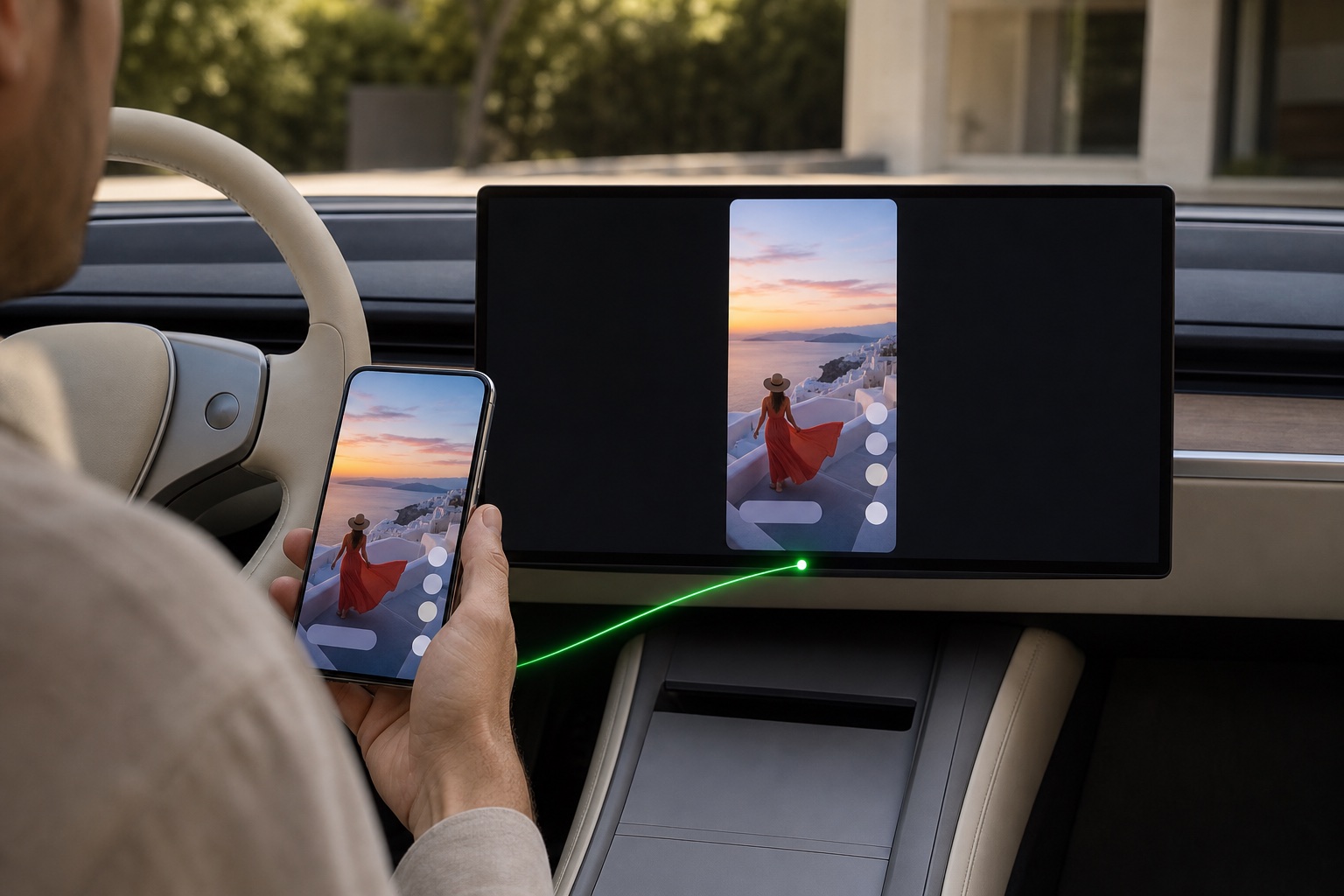 An iPhone screen mirrored onto the car display