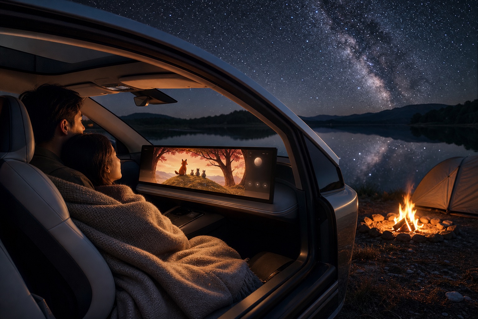 Two people watching a movie in a parked car at a lakeside campsite