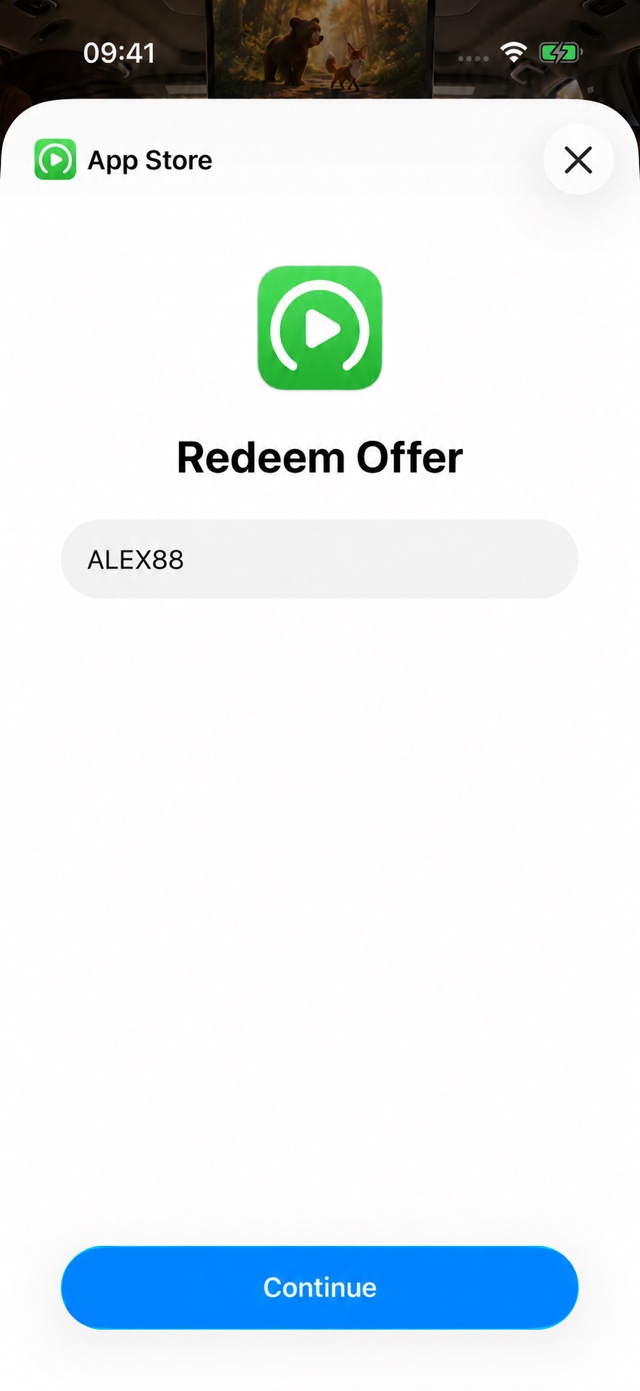 English redemption screen showing where a follower enters a partner offer code.