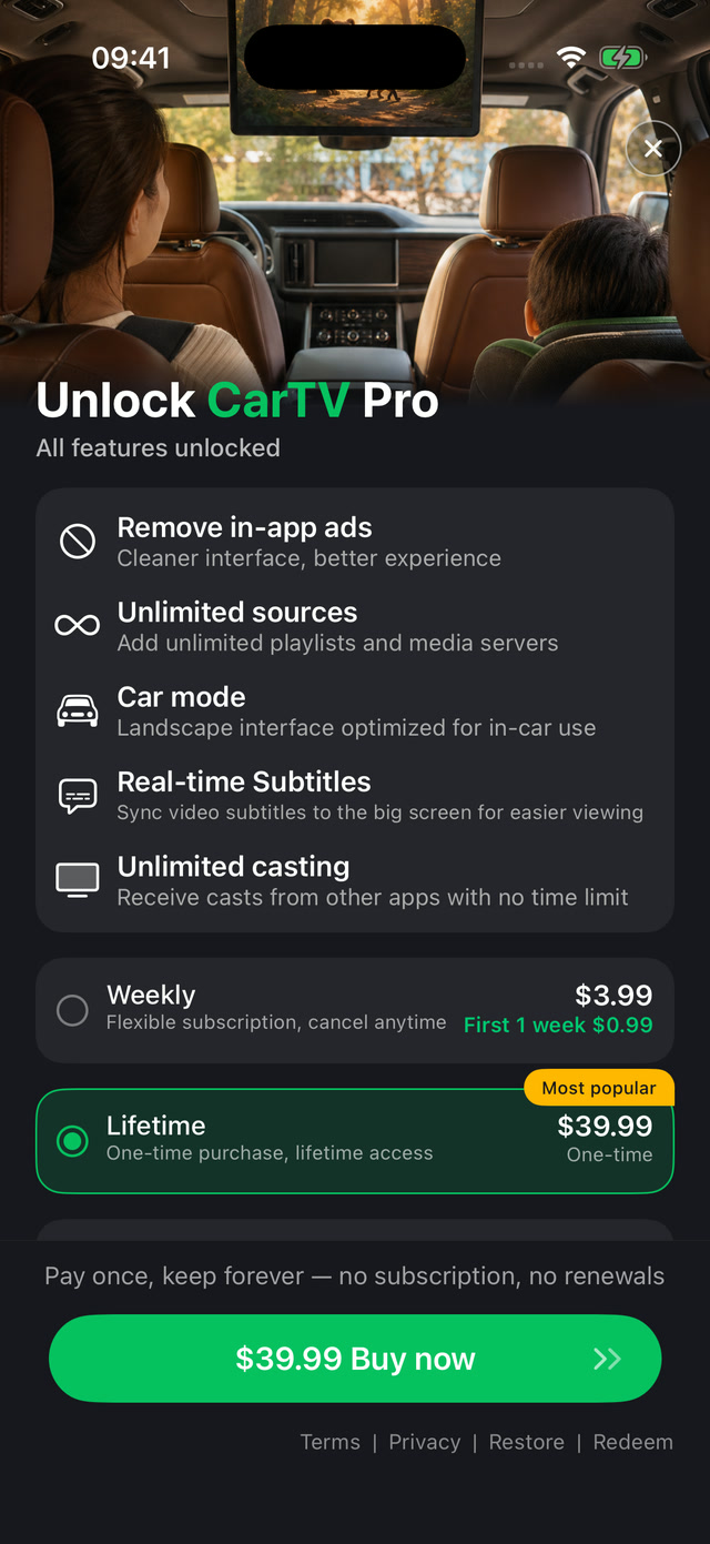 English CarTV VIP subscription screen with the Redeem button in the bottom-right corner.