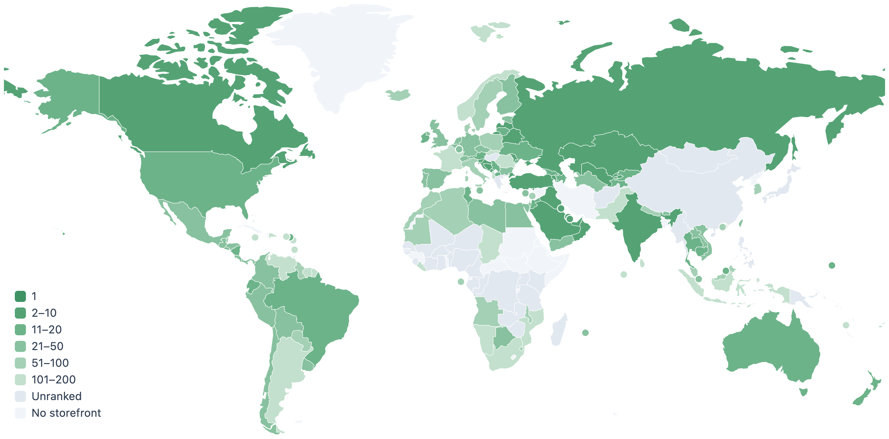 World map showing CarTV’s App Store rankings across countries and regions, with a legend from number 1 to the top 200.
