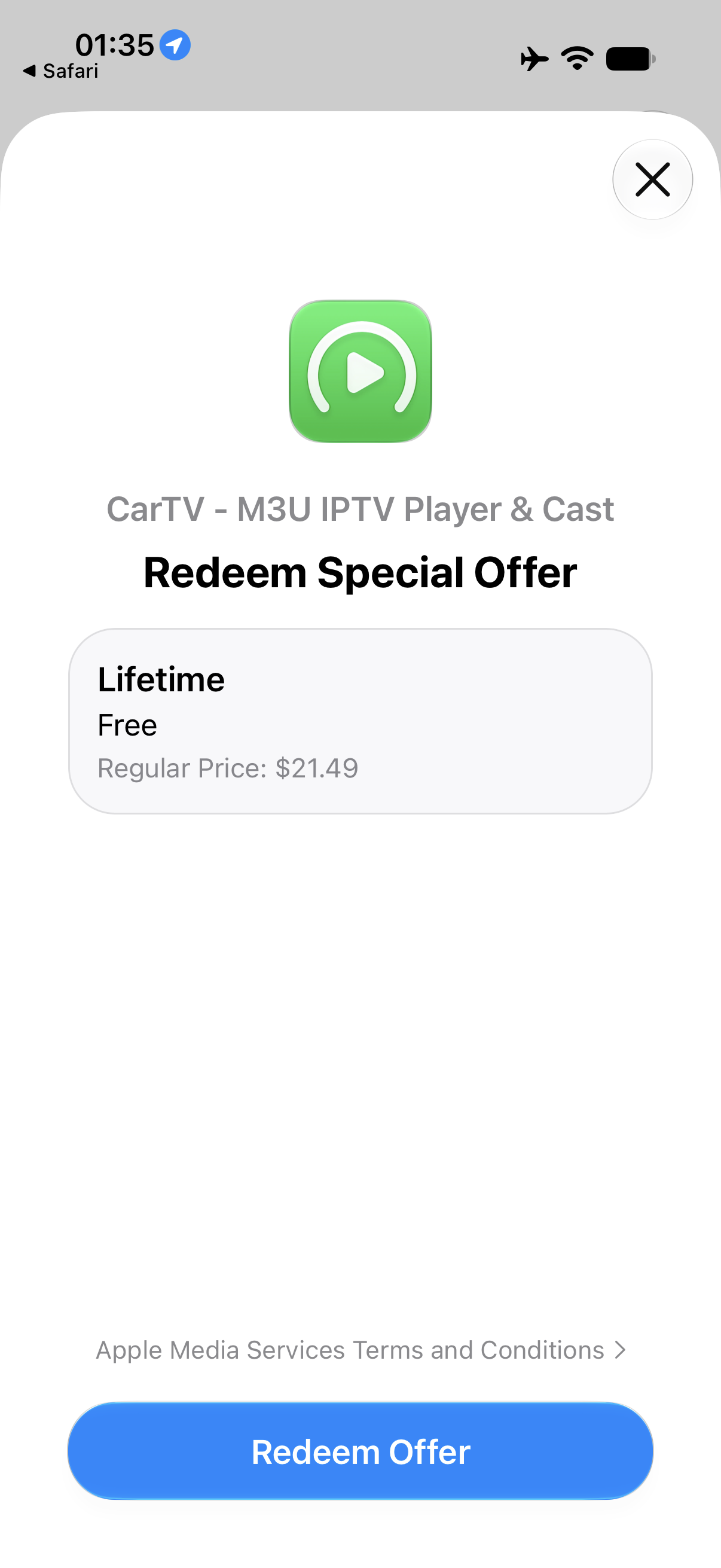 English App Store offer screen showing Lifetime as Free.